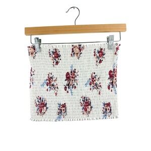 Hot Kiss Smocked Tube‎ Top Floral Print White Red Blue Size L Boho Festival Chic